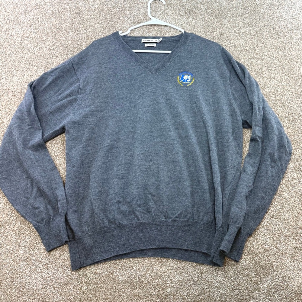 Peter Millar Bob Hope Classic Grey 100% Merino Wool V-Neck Sweater Mens XL Golf